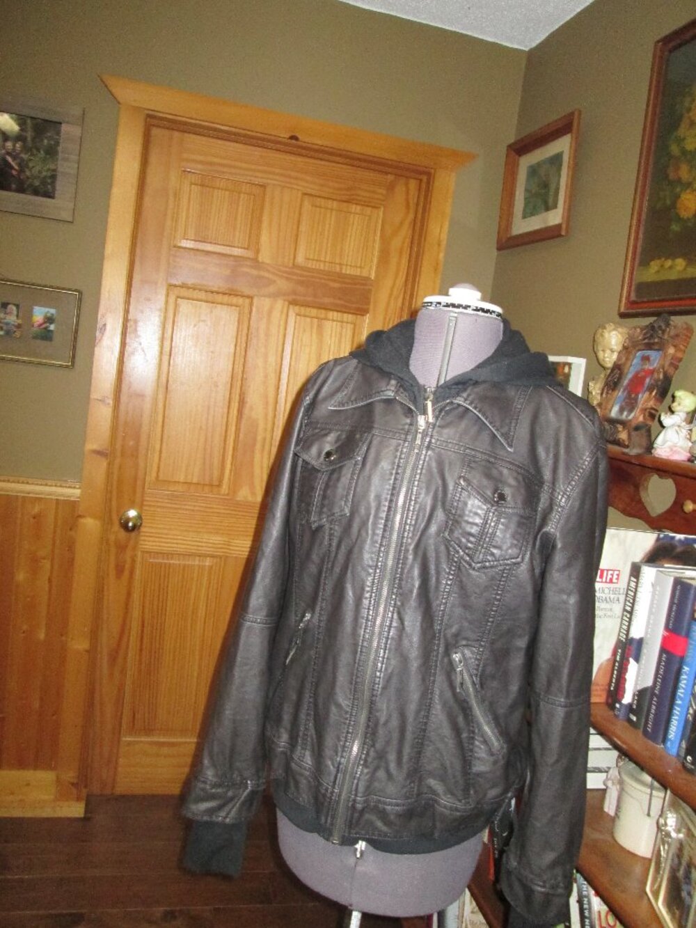 bikercore moto Made by Johnny black faux leather jacket xl zip in hoody